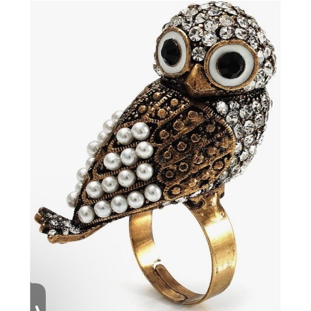 Simulated Pearl & Crystal Owl Adjustable Cocktail Ring Gold Tone Statement 7 8 9